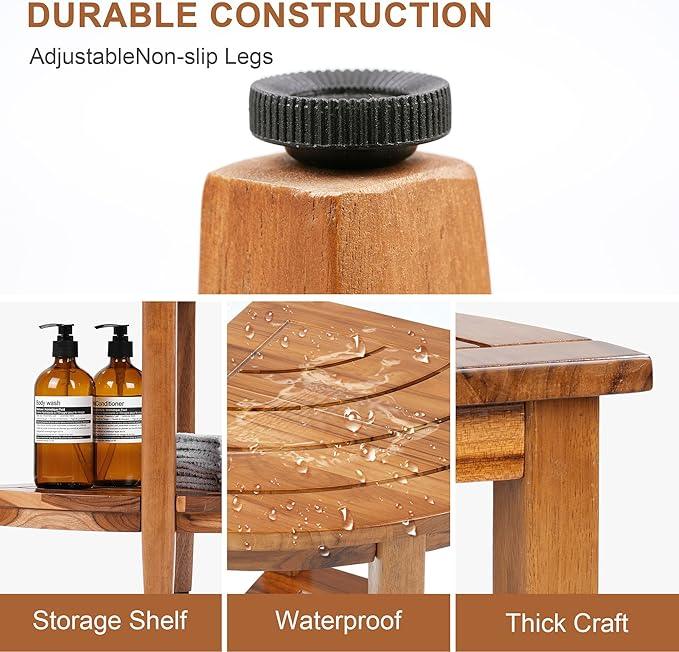 Jekruiet 18" Teak Corner Shower Stool, 2-Tier Teak Shower Bench with Storage Shelf, Adjustable Non-Slip Feet - ModernBath