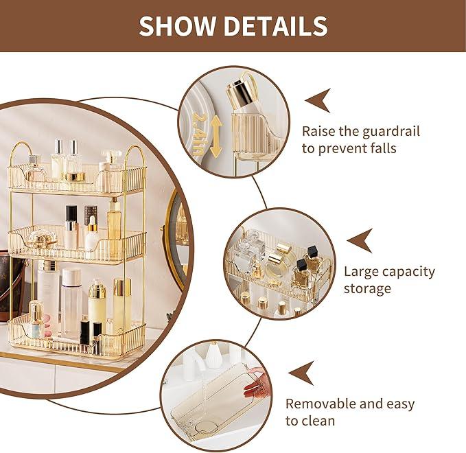 YCIA&DONE Bathroom Organizer Countertop, Makeup Storage, Skincare Cosmetic Tray Shelf, Perfume Holder Rack for Vanity Counter, Large Capacity, Easy to Install, Clean, 3 Tiers, Amber Gold - ModernBath