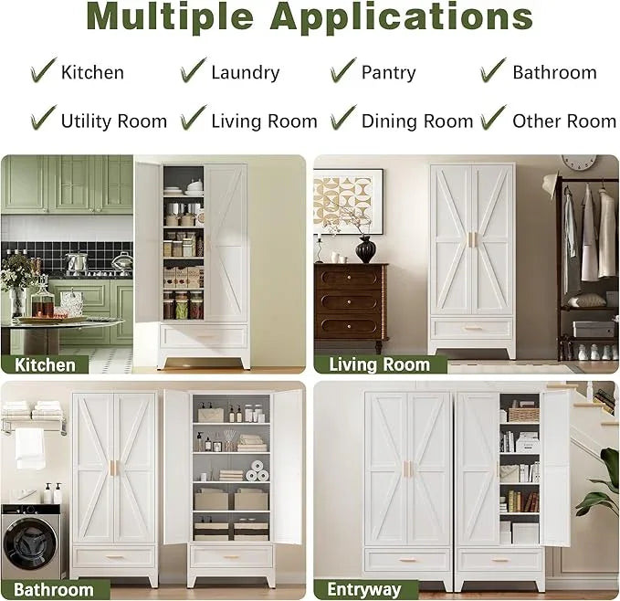 COFaR Metal Storage Cabinet, Farmhouse Storage Cabinet with 2 Doors and 4 Adjustable Shelves - 71" White Kitchen Pantry Storage 5-Tier Tall Steel Cabinets Locker for Kitchen, Living Room, Dining Room - ModernBath