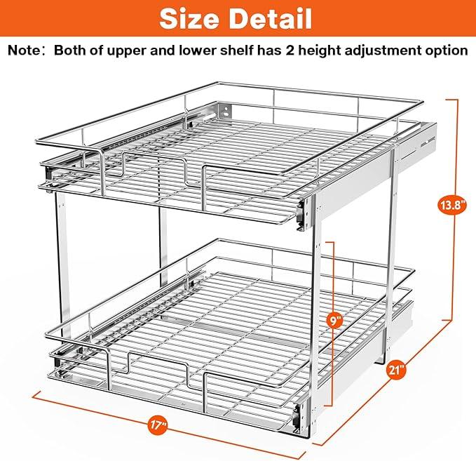 ROOMTEC Individual Pull Out Cabinet Organizer (17" W x 21" D), 2 Tier Spice Rack Organizer for Cabinet, Slide Out Drawer Pantry Shelf Organization and Storage for Kitchen Bathroom - ModernBath