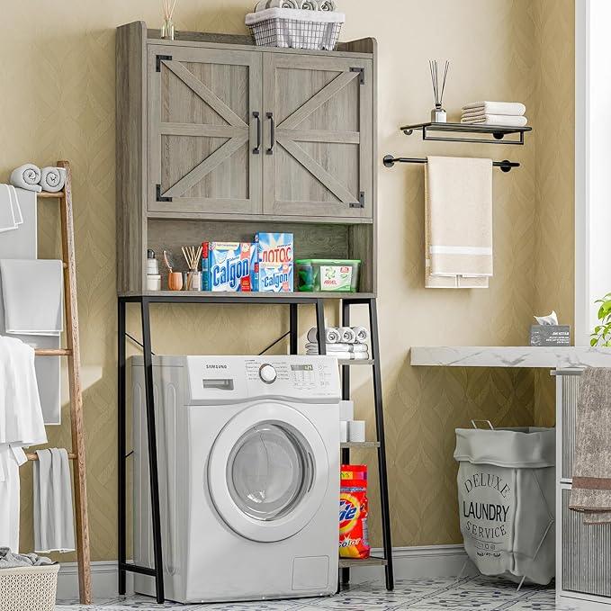 Vabches Over The Toilet Storage Cabinet, Farmhouse Storage Cabinet Over Toilet with 2 Barn Door & Toilet Paper Holder Stand，Home Space-Saving Toilet Rack, for Bathroom, Restroom, Laundry - ModernBath