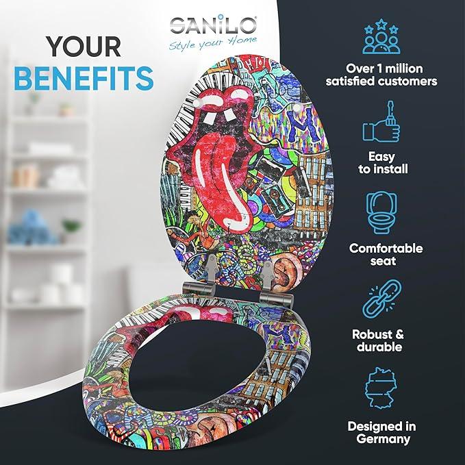 SANILO Wooden Toilet Seat with Soft Close [ELONGATED] - Decorative, Quiet & Slow Close Molded Wood Seat - With Strong Bumpers & Hinges - Adjustable Fit - Graffiti - ModernBath