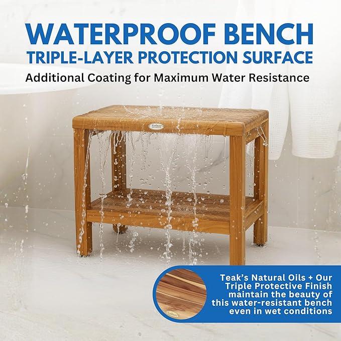 EcoDecors Eleganto 24 Inch Natural Color Waterproof Teak Wood Shower Bench Stool Seat Chair For Inside Shower Provides Safety, Storage, and Organization For Bathroom Accessories - ModernBath