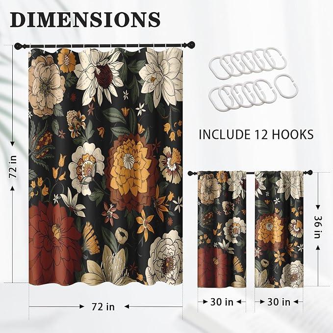 Culudea Boho Floral Black Shower Curtain Set, Vintage Flower Peony Plant Bathroom Window Waffle Textured Cloth Waterproof Shower Curtains for Bathroom Decor - ModernBath