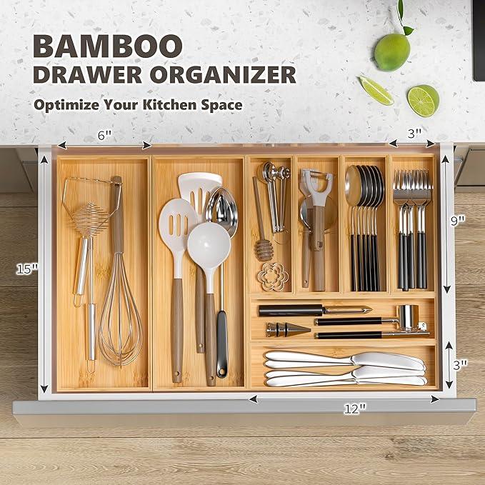 Kitchen Drawer Organizer Bins, Stackable Bamboo Deep Drawer Organizer for Silverware, Utensils, Cutlery, Flatware, Junk Drawer, Dresser, Bathroom, 12" x 3" x 2.5" (Set of 2) - ModernBath
