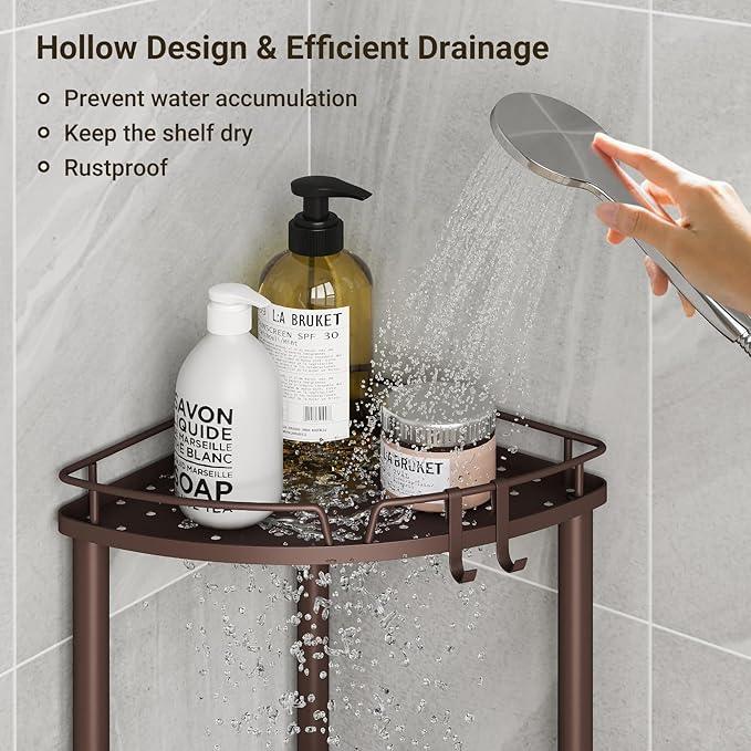 ELYKEN Corner Shower Caddy Standing, 3 Tier Rustproof Metal Shower Organizer with Soap Holder, Floor Shower Corner Shelf Rack Storage Stands with Adjustable Feet & 2 Hooks for Bathroom, Bronze - ModernBath