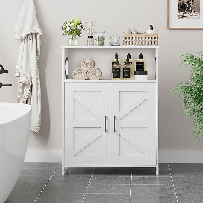 Homhedy Farmhouse Bathroom Storage Cabinet with 2 Doors, Toilet Paper Cabinet with Adjustable Shelves, Small Bathroom Cabinet for Kitchen/Laundry/Living Room, 11.8 x 23.6 x 31.5 Inches, White - ModernBath
