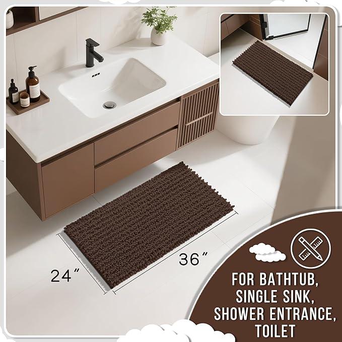 Yimobra Large Bathroom Rugs Non Slip Washable 36x24 Inch - Ultra Soft Absorbent Chenille Bath Mat, Quick Dry Shaggy Floor Carpet for Tub Shower, Brown Home Decor Accessories - ModernBath