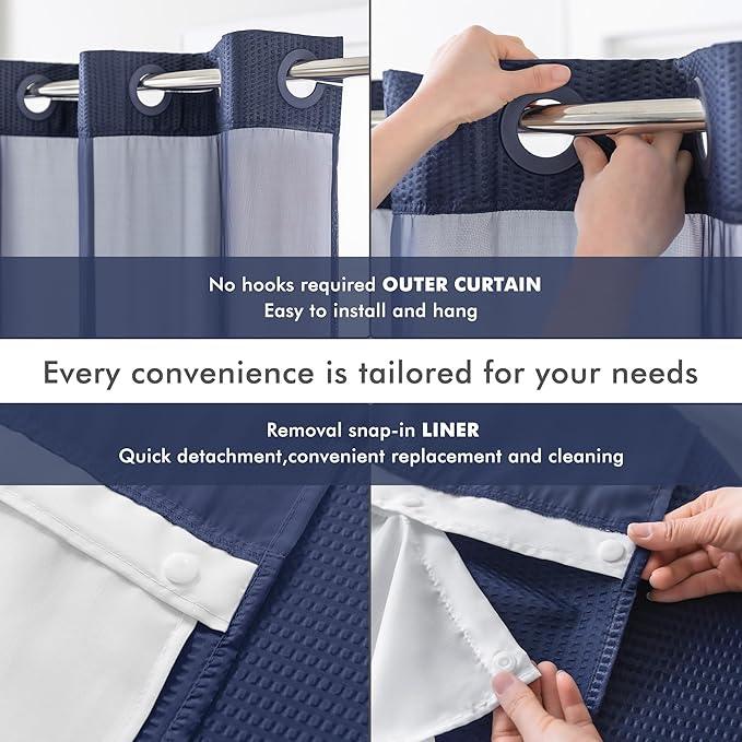 Mrs Awesome No Hook Shower Curtain with Snap-in Liner, Embossed Waffle Design Fabric Shower Curtain for Bathroom, Soft & Lightweight, 71x74, Navy Blue - ModernBath