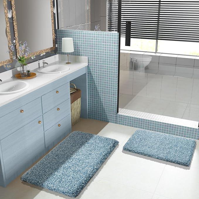 Yimobra Bathroom Rug Set 2 Piece, Soft Absorbent Microfiber Bath Mat Set, Non Slip Machine Washable Dry, Plush Shaggy Shower Rugs for Bathroom Floor, 32"x20"+24"x17", Denim Blue and White - ModernBath
