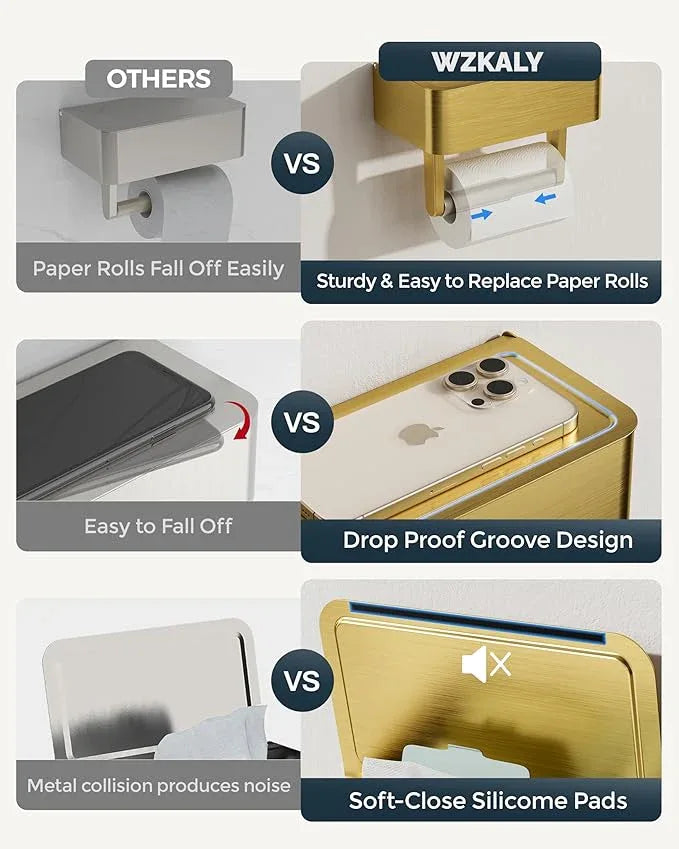 Toilet Paper Holder with Shelf, Wipes Holder for Bathroom, Flushable Wipes Dispenser, Stainless Steel Toilet Paper Roll Holder with Storage for Wet Wipes Wall Mounted (Gold, Regular Roll) - ModernBath