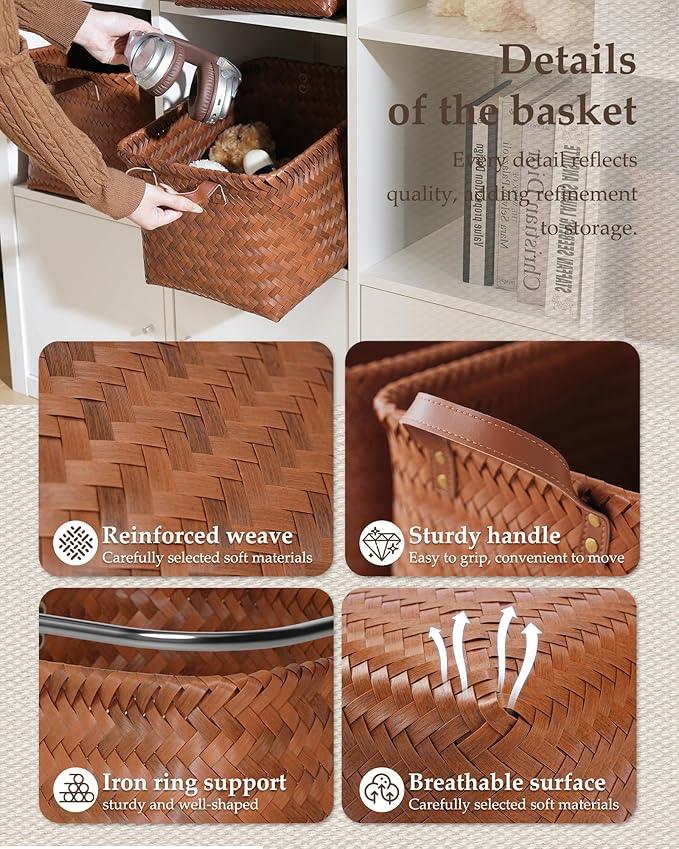 15x10x9 Woven Laundry Basket Hamper, Storage Basket for Clothes Blankets, 4-Pack Wicker Bin for Closet Shelves Bedroom Bathroom, Brown - ModernBath