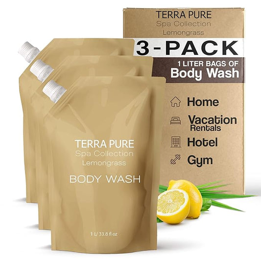 Terra Pure Spa Collection 1 Liter Body Wash Refill Bag For Soap Dispensers | Bulk Toiletries for Vacation Rentals, and Home Bathroom Showers | Green Tea Lemongrass | Set of 3