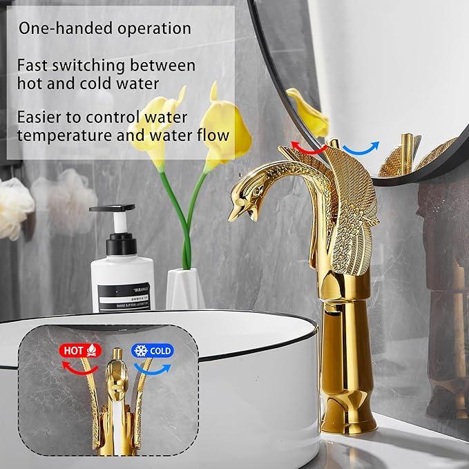 GGStudy Gold Swan Shape Single Handle One Hole Bathroom Vessel Sink Faucet Deck Mount Lavatory Sink Faucet - ModernBath