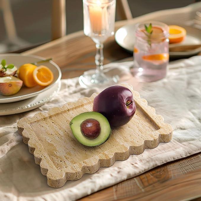 YMXYJM Genuine Travertine Scalloped Marble Tray, Real Natural Marble Stone Trays, Luxury Decorative Trays for Bathroom, Dresser, Vanity, Kitchen, Home Decor, 10.6" x 8", Travertine Beige - ModernBath