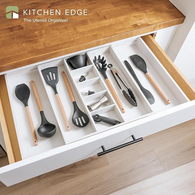 KitchenEdge Adjustable Kitchen Drawer Organizer for Utensils and Junk, Food-Safe Contract Grade with 100% Sustainable Wood, Expandable from 16 to 28 Inches Wide - White Bamboo - ModernBath
