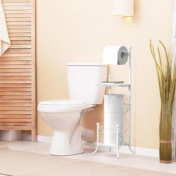 Simple Houseware English Style Bathroom Toilet Tissue Roll Holder Stand with Shelf, White - ModernBath