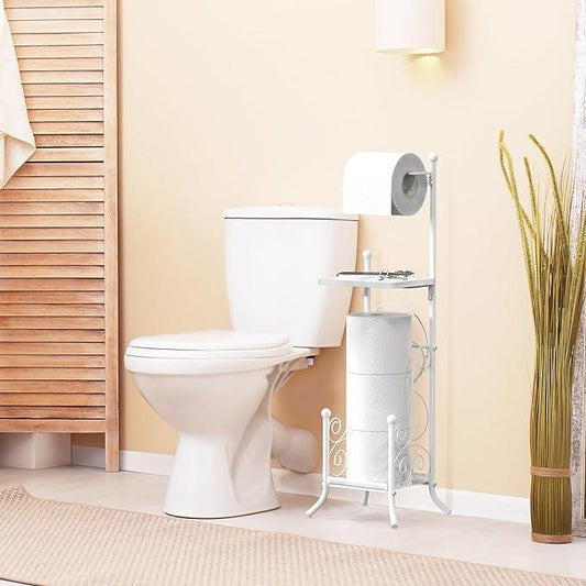 Simple Houseware English Style Bathroom Toilet Tissue Roll Holder Stand with Shelf, White - ModernBath