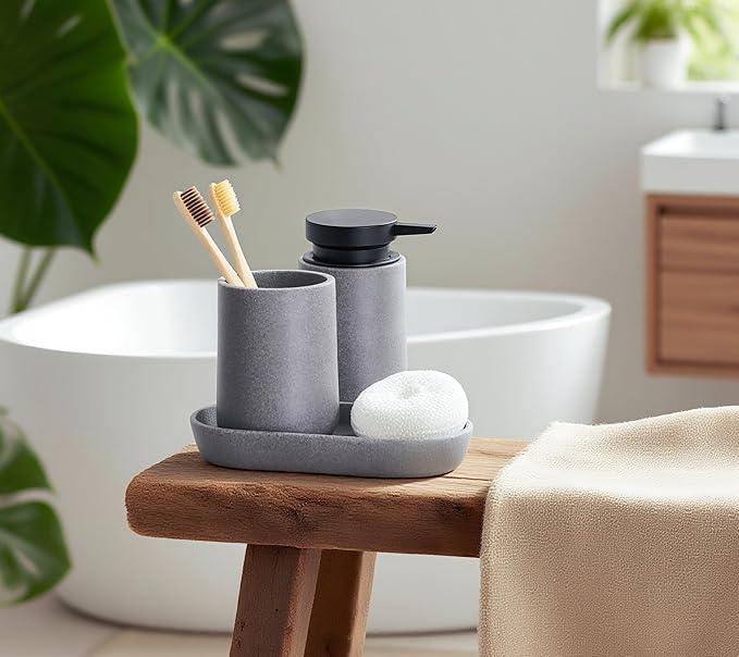 Clasin Home 3 Pcs Bathroom Accessories Set, Liquid Soap Dispenser with Large Pump, Toothbrush Holder Cup and Soap Dish, Sandstone Texture Bathroom Counter Set for Modern Home (Gray) - ModernBath