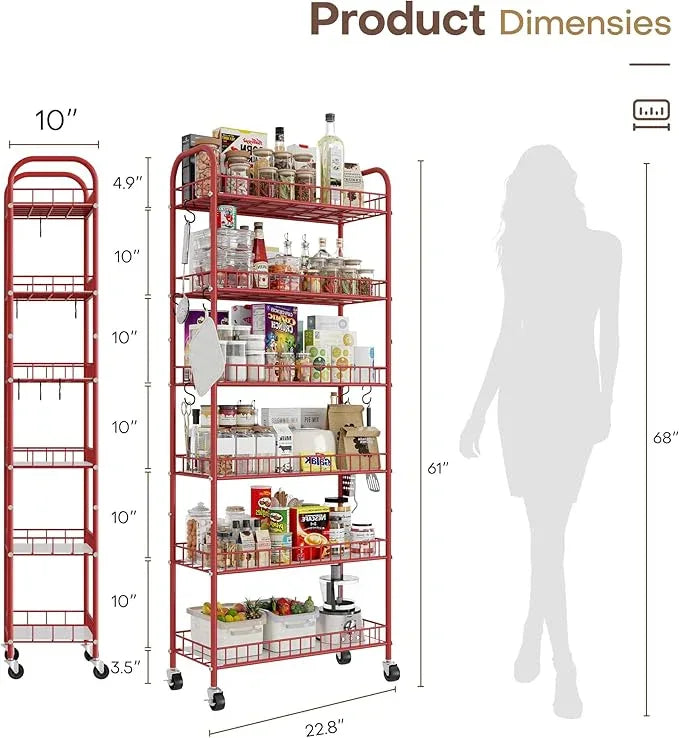 Slim Rolling Storage Cart, 6 Tier Metal Kitchen Rolling Utility Cart with Lockable Wheels for Kitchen, Bathroom, Laundry Room, Small Narrow Spaces (Red 10 Inches) - ModernBath