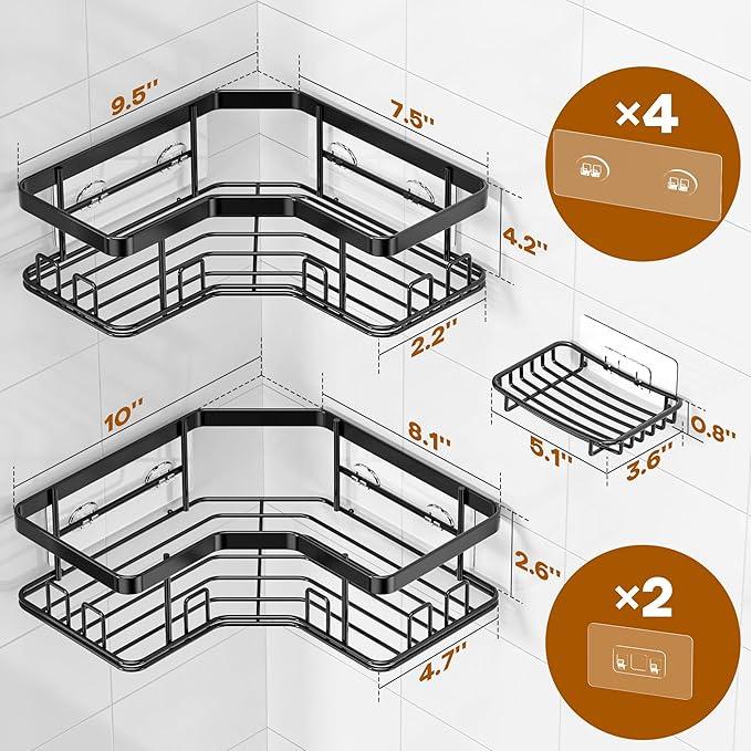 MAXIFFE 3 Pack X-Large Corner Shower Caddy with Soap Holder, Large Capacity Easy Install No Drilling Stainless Steel Sturdy Hold 40 LB Shower Organizer Shelves Rack for Family Renters Bathroom, Black - ModernBath