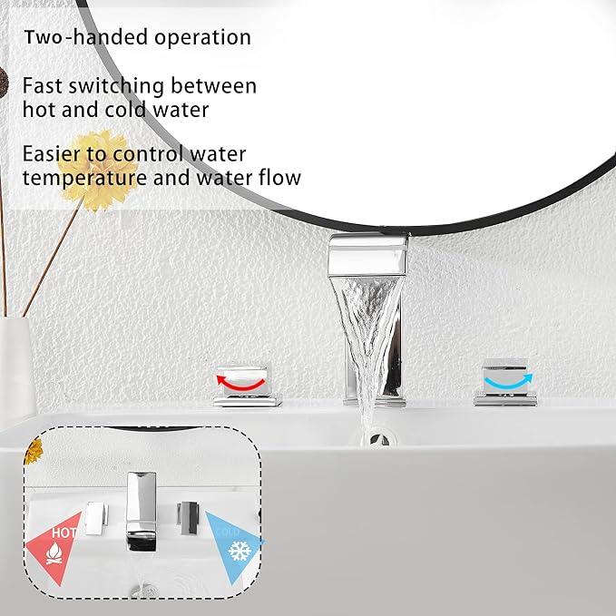 Waterfall Widespread Bathroom Faucet Chrome GGStudy 3 Holes 2 Handle Modern Bathroom Sink Faucet with Pop Up Drain - ModernBath