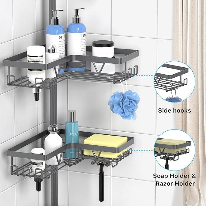 KEGII Corner Shower Caddy Tension Pole - Rustproof Tension Rod Organizer, Floor to Ceiling Shower Caddy 25-114.2 inch, Bathroom Storage Rack Corner Waterproof, Dark Gray - ModernBath