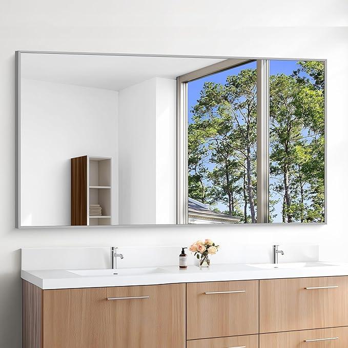 KOCUUY Silver Bathroom Mirror, 60"x30" Large Rectangle Bathroom Mirror for Wall, HD Tempered Glass, Anti-Rust Brushed Silver Frame, Modern Design for Bathroom, Bedroom, Hang Horizontal/Vertical - ModernBath