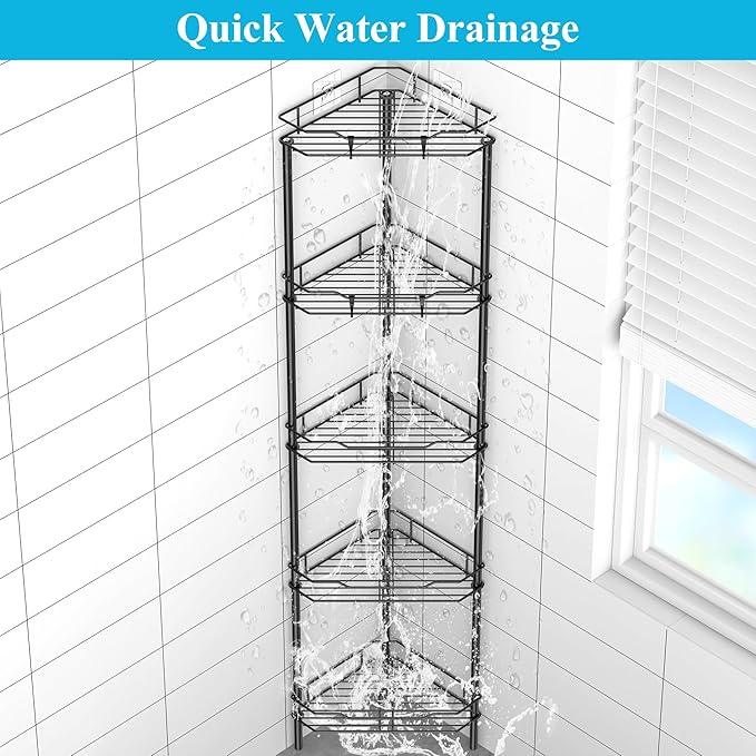 5 Tier Floor Standing Corner Shower Caddy Organizer Shelf with Hooks, Bathroom Shelves Stand Rack, Matt Black - ModernBath