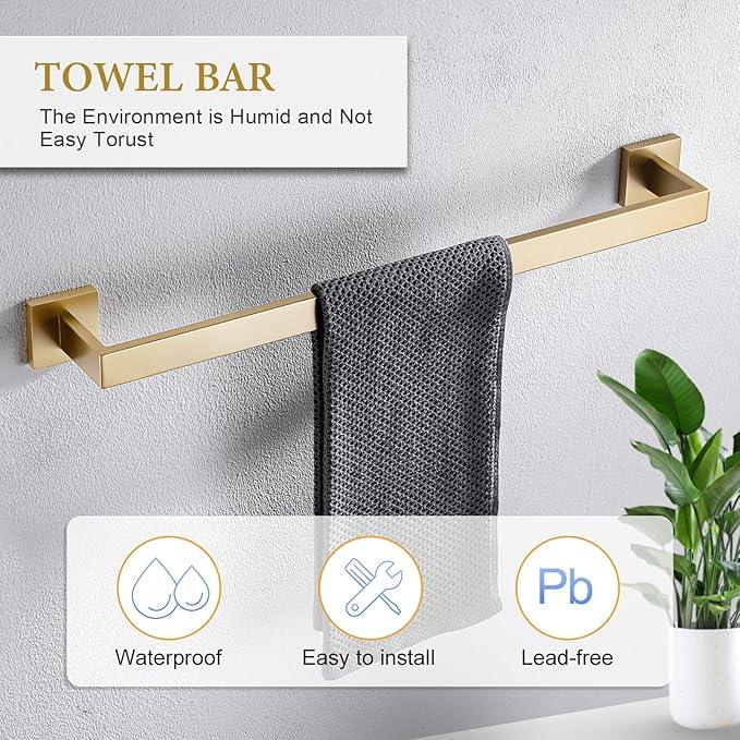 TNOMS 6-Piece Bathroom Hardware Set 23.6 Inch Gold Towel Bar Set Double Towel Bar Towel Ring Coat Hook and Toilet Paper Holder with Shelf Wall Mounted Stainless Steel Bathroom Accessories Set - ModernBath