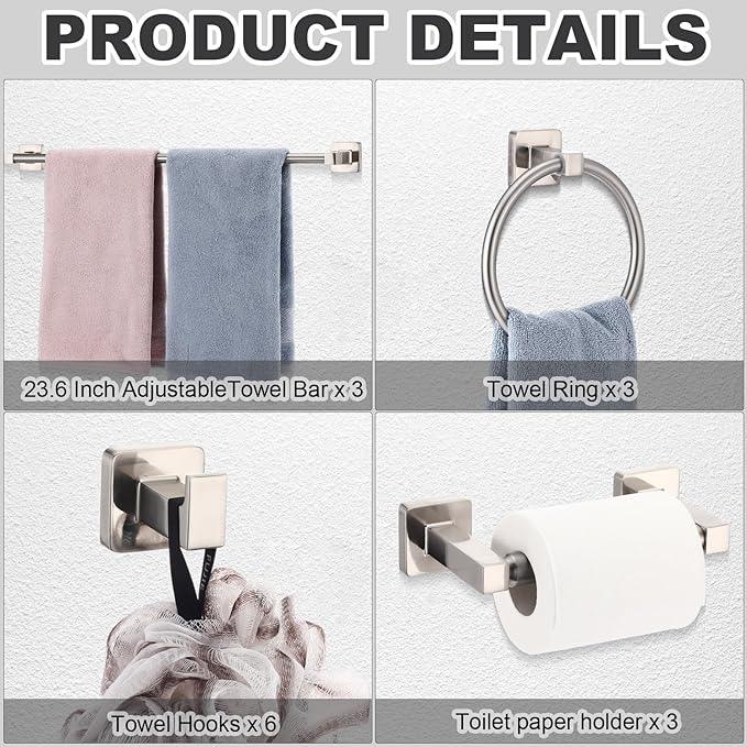 Gisafai 15 Pcs Bathroom Hardware Set, Towel Bar Set Stainless Steel Bathroom Accessories 23.6/16 Inches Towel Bar Ring Robe Hooks Toilet Paper Holder Wall Mounted (Silver) - ModernBath