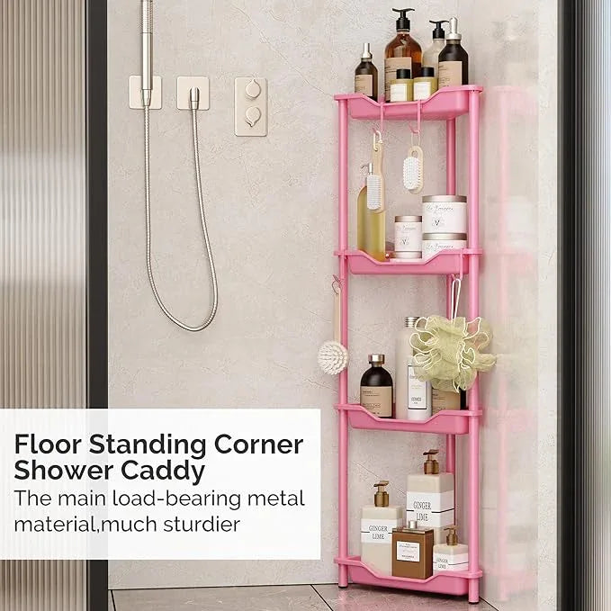 Orimade Rustproof 4 Tier Floor Standing Corner Shower Caddy Organizer, Plastic Metal Splicing Floor Corner Shelf Rack Storage Stands for Bathroom,10.8 x 10.8 x 44.6 inches, Pink - ModernBath