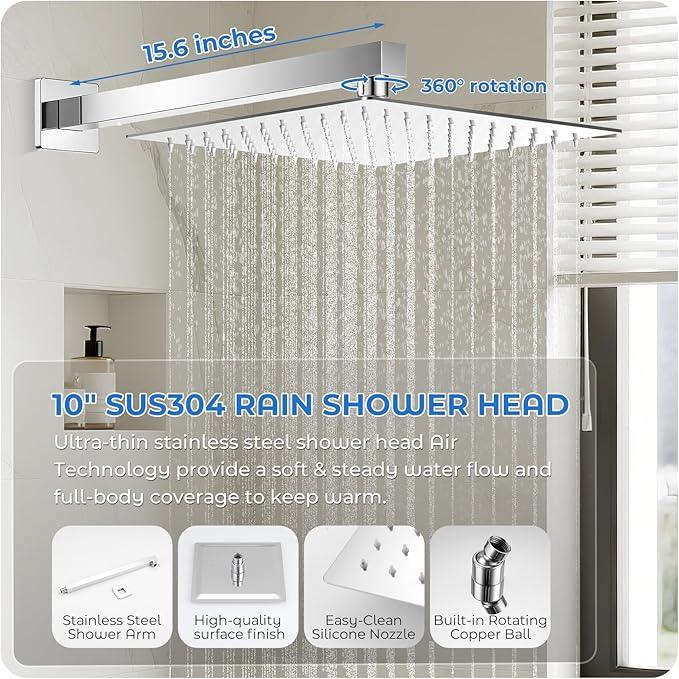 RNDIOZD Chrome Shower Faucet Set, 10 inch Rain Shower System with Pressure Balance Valve, Wall Mounted 2-Functions Bathroom Shower Systems with Rain Shower and Handheld Spray Shower Trim Included - ModernBath