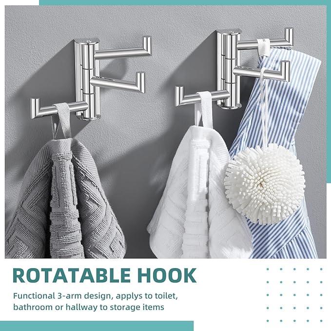 APLusee Polished Chrome Swivel Towel Hook 2 Pack, 304 Stainless Steel Coat Hook with 3 Arms, Wall Mounted - ModernBath
