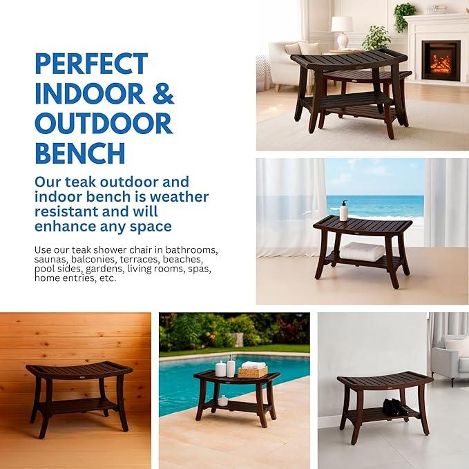 DecoTeak Harmony 30 Inch Brown Waterproof Teak Wood Shower Bench | Provides Safety, Storage, and Organization for Bathroom Accessories - ModernBath