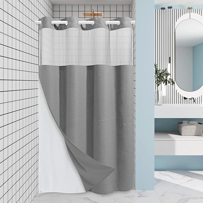 EUTXL Stall No Hook Shower Curtain with Snap in Liner,230GSM Waffle Weave Shower Curtains for Bathroom,60W x 74H,Grey - ModernBath