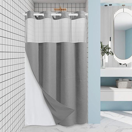 EUTXL Grey Stall Shower Curtain and Liner Set - 230GSM Waffle Weave Textured Heavy Duty,Hotel Luxury Weighted Bath Curtain,54W x 80H - ModernBath
