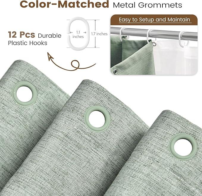 BTTN Sage Green 3 in 1 Shower Curtain Set - Linen Textured Cloth Shower Curtain and PEVA Liner with Plastic Hook and 3 Magnets, Tall Modern Neutral Waterproof Shower Curtain for Bathroom, 72x84 - ModernBath
