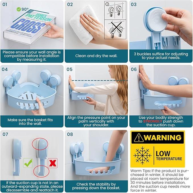 TAILI Corner Shower Caddy with Suction Cups, Wall Mounted Organizer Plastic Rack for Small Bathrooms, Kitchen, Removable Drill-Free Heavy Duty Shelf Basket, BLUE - ModernBath