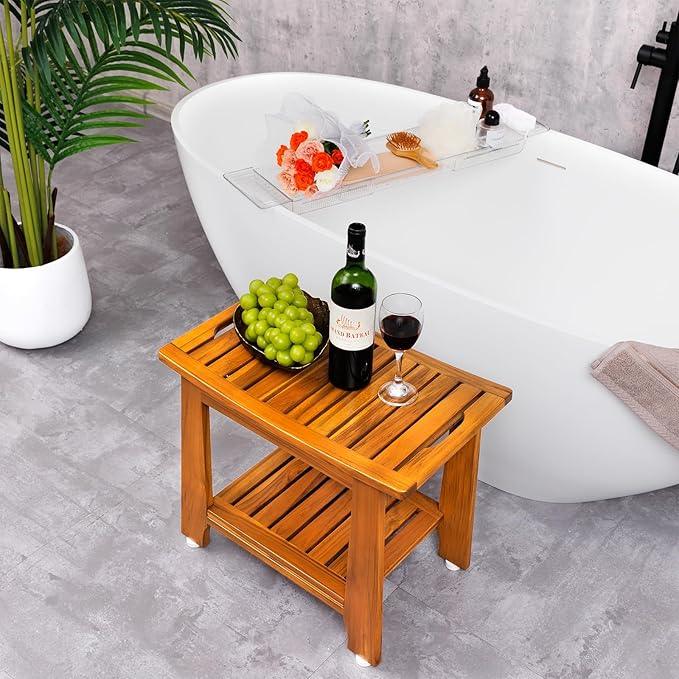14" Compact Teak Shower Stool with Shelf & Handle - Waterproof, Non-Slip Bath Bench for Small Bathrooms/Outdoor Use, 300 lbs Capacity (Patented) - ModernBath