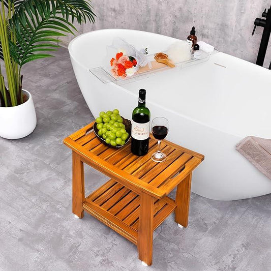24" Large Teak Shower Bench with Shelf & Handle - Waterproof Spa Stool, Non-Slip Leveling Feet & 300 lbs Capacity - for Showers, Saunas/Steam Rooms & Outdoor Pools (Patented) - ModernBath