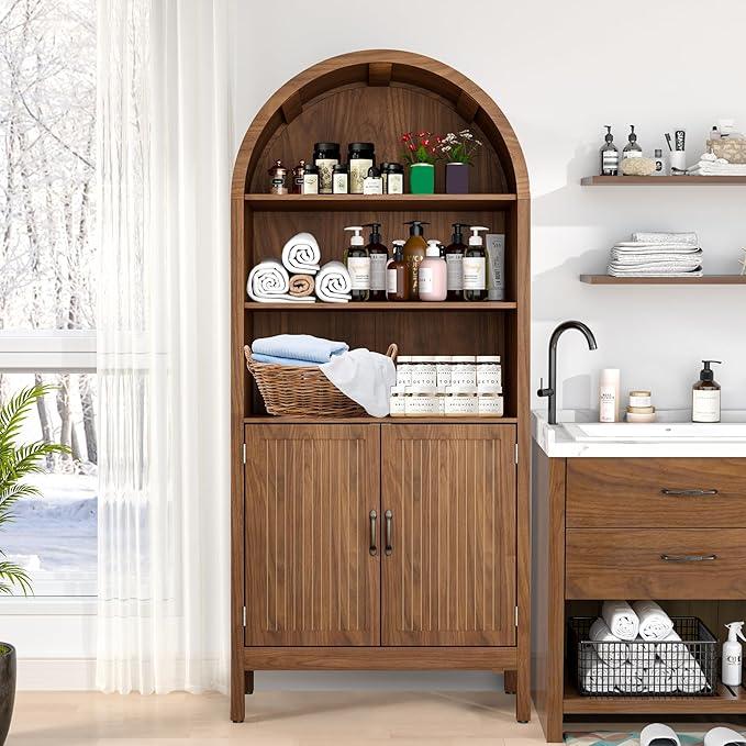 70.9" Tall Storage Cabinet with Fluted Doors, Arched Freestanding Cabinet with 5 Shelves, Wooden Bookcase Storage Cabinet Suitable for Living Room, Dining Room, Bathroom - ModernBath