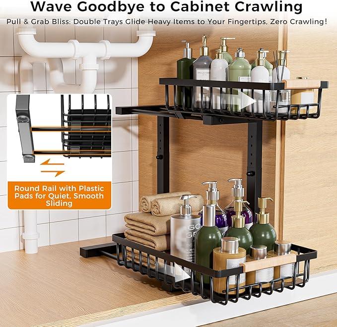 Under Sink Organizer,2 Pack Under Kitchen Sink Organizer,2 Tier Sliding-Out,5 Level Height Adjustable,Thickened Carbon Steel,Anti-rust Treatment,For Kitchen Bathroom Black - ModernBath