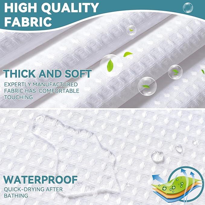 Conbo Mio No Hook Waffle Weave Shower Curtain with Snap in Liner Set, Hotel Luxury White Shower Curtains for Bathroom with See Through Top Window, Waterproof, Washable 71W x 74H - ModernBath