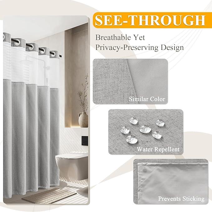 Jowels No Hooks Needed Linen Shower Curtain and Liner Set,Light Grey Hotel Luxury Decor Shower Curtains for Bathroom with See Through Top Window,Water Resistant Fabric,72Wx84L,Light Grey - ModernBath