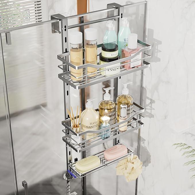 SWTYMIKI Over the Door Shower Caddy - 3 Tier Adjustable Shower Organizer Hanging with Soap Holder, No Drilling Stainless Steel Bathroom Rack Hanging for Body Wash, Shampoo, Soap, Razor, Silver - ModernBath