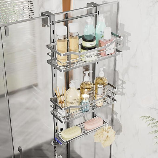 SWTYMIKI Over the Door Shower Caddy - 3 Tier Adjustable Shower Organizer Hanging with Soap Holder, No Drilling Stainless Steel Bathroom Rack Hanging for Body Wash, Shampoo, Soap, Razor, Silver - ModernBath