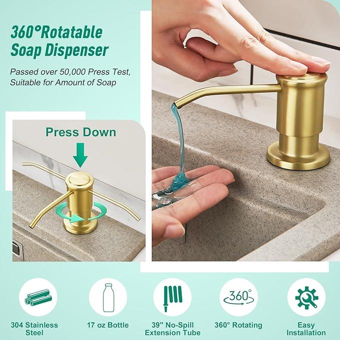 CREA Brushed Gold Kitchen Soap Dispenser Countertop Soap Dispenser for Kitchen Sink, Built in Sink Soap Dispenser for Bathroom with 39" Tube Large Capacity 17 OZ Bottle - ModernBath