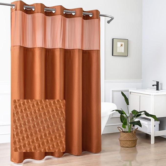 Mrs Awesome No Hook Shower Curtain with Snap-in Liner, Embossed Waffle Design Fabric Shower Curtain for Bathroom, Soft & Lightweight, 71x74, Taerracotta - ModernBath