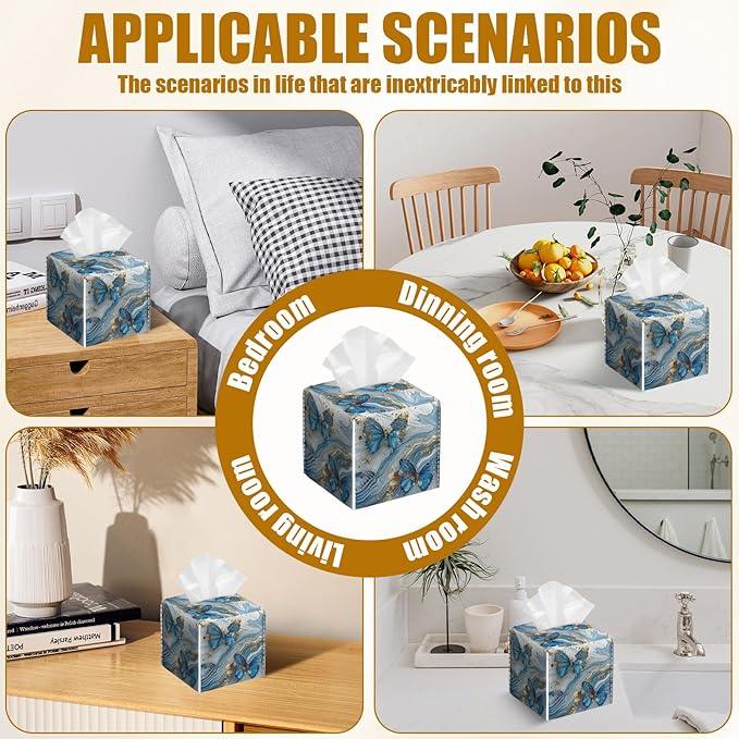 Blue Butterfly Tissue Box Cover 2PCS, Marble Leather Tissue Box Holder Square Facial Paper Case Tissue Box Cube Organizer for Bathroom Bedroom Desk Office - ModernBath